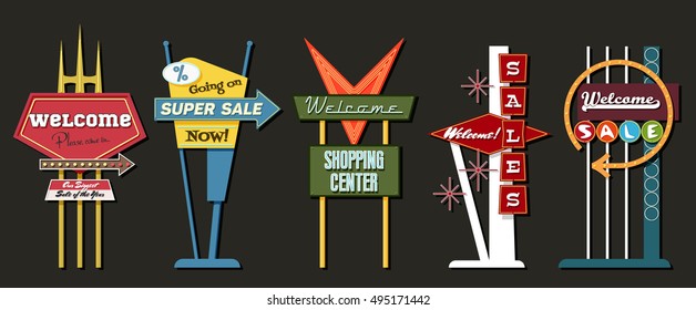 Classic American Signboards Set Middle Century Age Googie Populuxe Architecture Style Retro Vintage Collection Sale Motel Donuts Shop Advertising Billboards Pointers