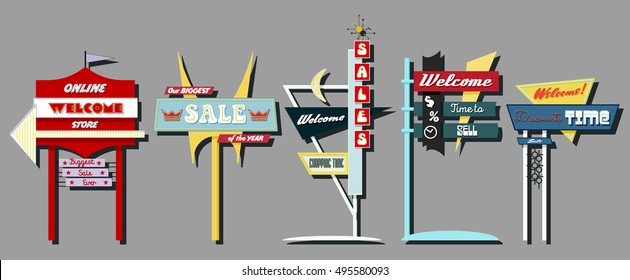 Classic American Signboards Set Middle Century Atomic Age Googie Populuxe Architecture Style Retro Vintage Collection Sale Motel Store Shop Advertising Billboards Pointers from the Fifties, Sixties