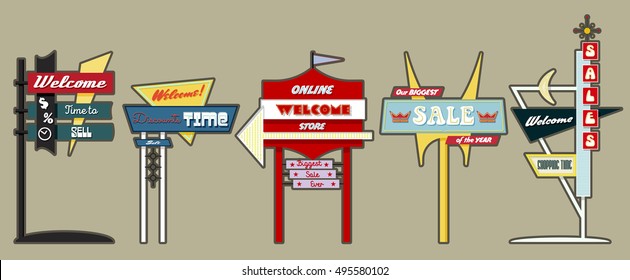 Classic American Signboards Set Middle Century Atomic Age Googie Populuxe Architecture Style Retro Vintage Collection Sale Motel Store Shop Advertising Billboards Pointers from the Fifties, Sixties