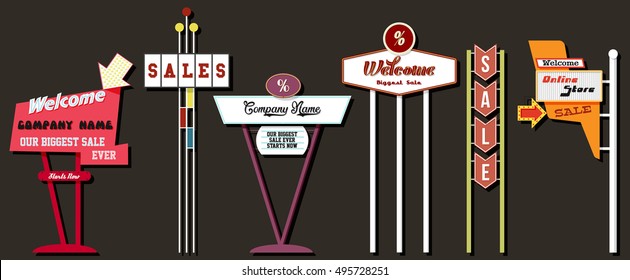 Classic American Signboards Set Middle Century Atomic Age Googie Populuxe Architecture Style Retro Vintage Collection Sale Motel Store Shop Advertising Billboards Pointers from the Fifties, Sixties