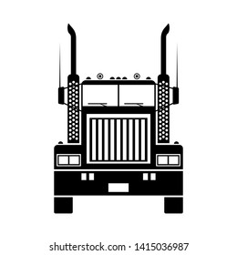 Classic american truck. Black silhouette of a truck tractor. Front view. Vector drawing. Isolated object on white background. Isolate.