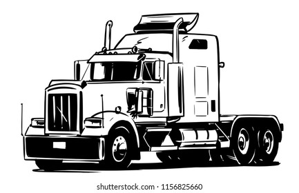 Classic American Truck. Black and white vector illustration