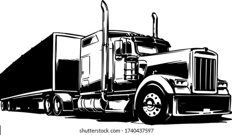 Classic American Truck. Black and white illustration isolated on white background