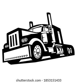 Classic American Truck. Black and White Vector Illustration, trailer truck isolated