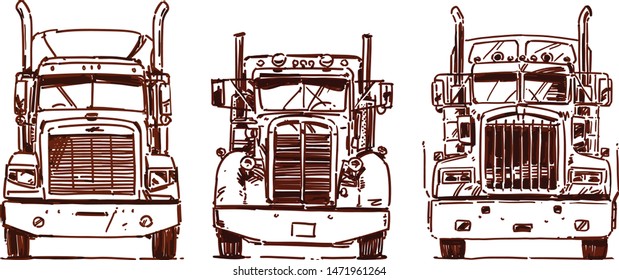 Classic American Truck Front View. Sketch Illustration