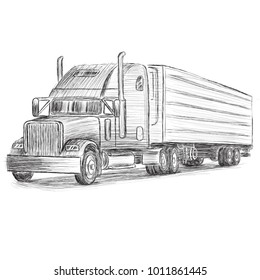 Classic american truck hand drawn vector illustration. Retro freighter truck.