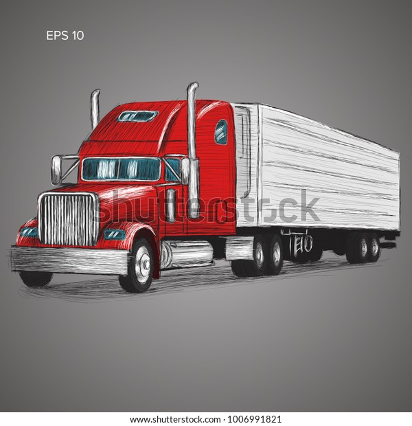 Classic american truck\
hand drawn vector illustration. Retro freighter truck. Cargo\
delivery machine.