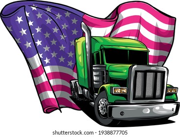 Classic American Truck. Vector illustration with american flag