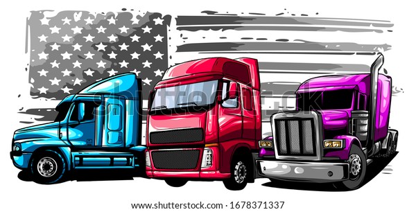 Classic American Truck. Vector illustration with\
american flag