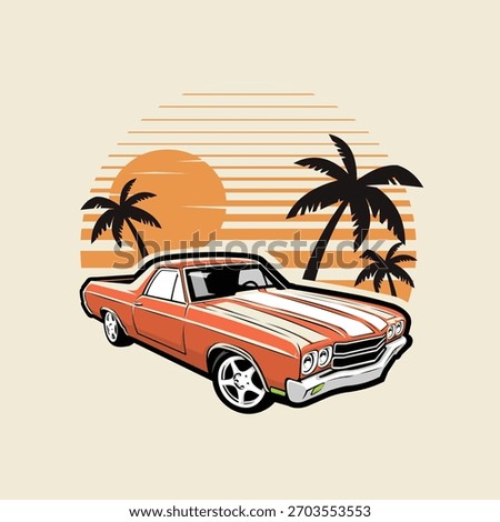 Classic American Utility Pickup Sedan Hotrod Lowered in The Beach Vector Tshirt Design Art Illustration
