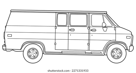 Classic american van bus car. Side view shot. Outline doodle vector illustration