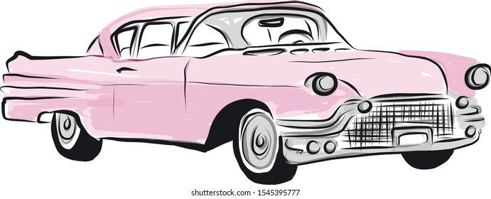 Classic American Vintage Pink Car. Vector Illustration.