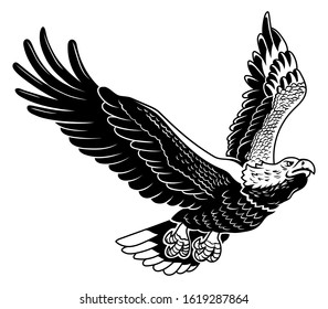 Classic American wild eagle emblem in the fly. Animal wildlife predator bird on hunting in the sky natural. Vintage graphic, custom design illustration, vector graphic. American symbol of freedom.