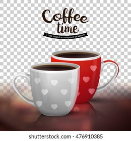 Classic americano in two ceramic cups isolated on transparent background. Vector illustration of coffee drinks. Coffee cups design with heart shapes.