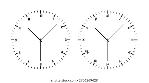 Ein klassisches analoges Ziffernblatt ist mit klaren Stunden- und Minutenzeigern dargestellt, bereit für die Zeiterfassung. Dieses zeitlose Design ist perfekt für Projekte, die sich auf Zeitpläne, Pünktlichkeit beziehen.