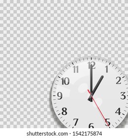 Classic analog office clockface with shadow on a plaid transparent background. Vector illustration