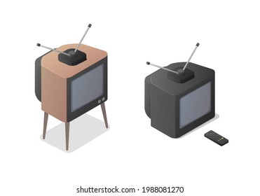 Classic analog television set and remote control. Isometric Vector Illustration on white background. Home TV set.