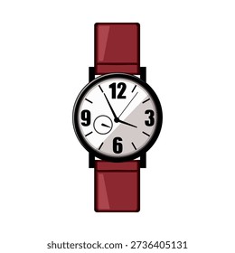 Classic analog wrist watch featuring a white dial, prominent hour markers, and a maroon leather strap, representing timekeeping, punctuality, and style as a personal accessory