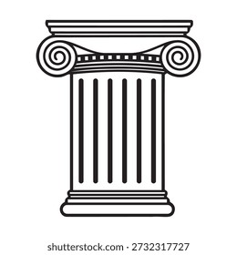 Classic ancient Greek Ionic column vector illustration in black line art style, featuring distinct volutes and a fluted shaft isolated on white background. This architectural design element is suitable for history education materials, legal symbols, bank logos, or museum signage