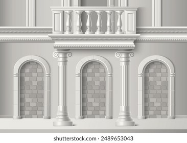 Classic antique building facade with balcony. Vector realistic illustration of white brick and marble stone palace exterior, wall decorated with arches, balustrade on porch, elegant Roman architecture