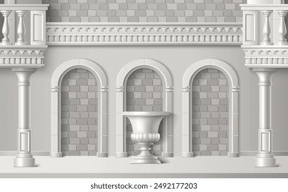 Classic antique building facade. Vector realistic illustration of brick and stone palace exterior wall decorated with vase sculpture, arches, balustrade on balconies, elegant white marble architecture