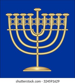 Classic antique gold candlestick, nine-branched candle holder, symbol of Jewish feast of Hanukkah