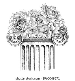 Classic antique marble column with flowers