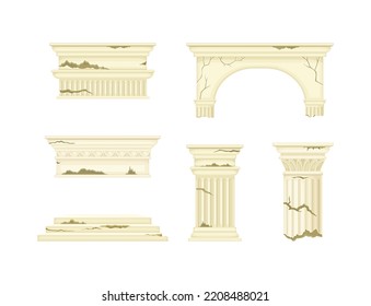 Classic antique marble pillars set. Ancient buildings architectural elements cartoon vector illustration
