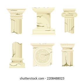 Classic antique marble pillars set. Ancient ruined temple or palace architectural elements cartoon vector illustration