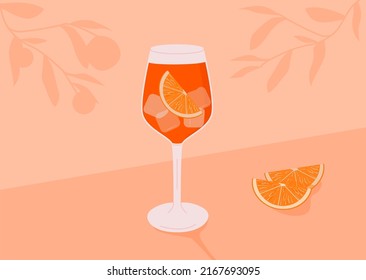 Classic Aperol Campari Spritz Cocktail in glass with ice and slice of orange. Summer Italian aperitif. Retro minimal horizontal banner. Alcoholic beverage and orange tree branches. Vector illustration