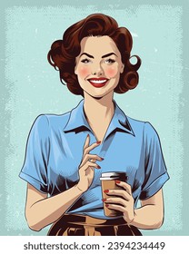 Classic Appeal: Vintage Retro Poster Showcasing a Woman with a Coffee Cup for Timeless Advertising Allure