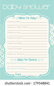 Classic Aqua Blue Color Baby Shower Wish and Advice Layout Template, Do it Yourself Word Game with beautiful abstract design theme for boy and girl, Elegant Mosaic Tile parents activity card