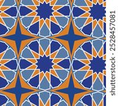 Classic Arabesque Moroccan Seamless pattern in orange and navy blue. For Textile, wallpaper and Home décor 