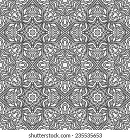 Classic Arabic black and grey and white seamless pattern. Symmetric geometric ornament with abstract ethnic forms and stars.  Stained glass style endless tribal background. Vector file is EPS8.