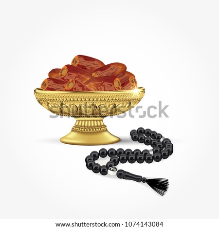 Classic arabic bowl of dates with islamic rosary breads isolated on white background. ramadan fasting simbol