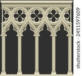Classic arcade gallery facade of gothic cathedral. Architectural details. Windows and doors