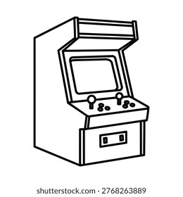 A classic arcade game cabinet with joystick and buttons, drawn in black-and-white line art.