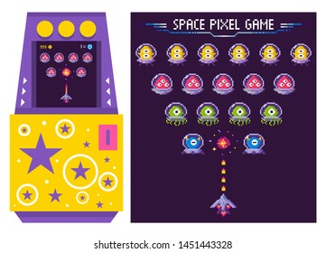 Classic arcade machine with monsters in space suits decorated with stars. Pixel aliens vintage video game vector. Spaceship shooting bullets vector illustration. 80s pixelated game