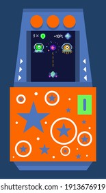 Classic Arcade Machine With Monsters In Space Suits Decorated With Stars. Pixel Aliens Vintage Video Game Vector. Spaceship Shooting Bullets Vector Illustration. 80s Game