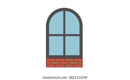 Classic arched glass window with a dark grey frame and a small brick base is isolated on a white background.