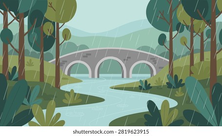 Classic arched stone bridge spans across a winding river during a gentle rain shower in a green forest park.