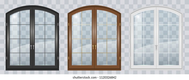 Classic arched window of wood in medieval style. Vector graphics