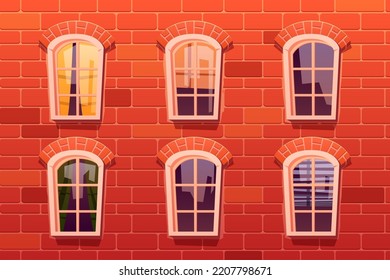 Classic arched windows on red brick wall with curtains and blinds, city reflection in glass. Cartoon vector illustration of apartment building facade. Urban architecture background. Real estate svg
