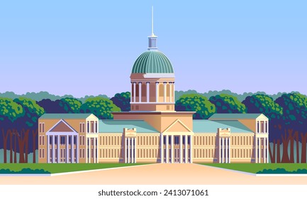 Classic architectural administrative  or govermental building or palace  with english park and trees. Handmade drawing vector illustration.