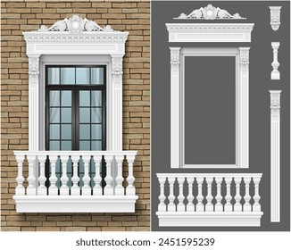 Classic architectural window or door facade decor for the frame. Set of vector elements. Transparent shadow.