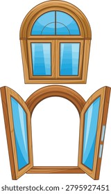 Classic architectural wood casement frames with blue glass panes vector illustration.