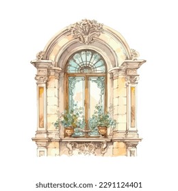 Classic architecture of european rococo style framed window in watercolor