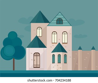 Classic architecture facade of a castle at night. Vector illustration background