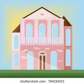 Classic architecture facade of a pink house. Vector illustration background