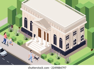 Classic architecture isometric composition with outdoor scenery of city street with people and medieval style building vector illustration